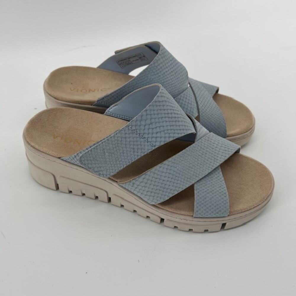 Vionic Uptown Sunset Wedge Slide Sandal Womens 8 Blue Velcro Comfort Cushioned